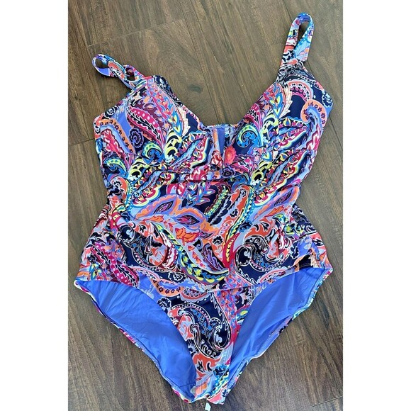 Anne Cole Women's Plus Size Notched Scoop-Neck One-Piece Swimsuit Multi 20W - Picture 3 of 7